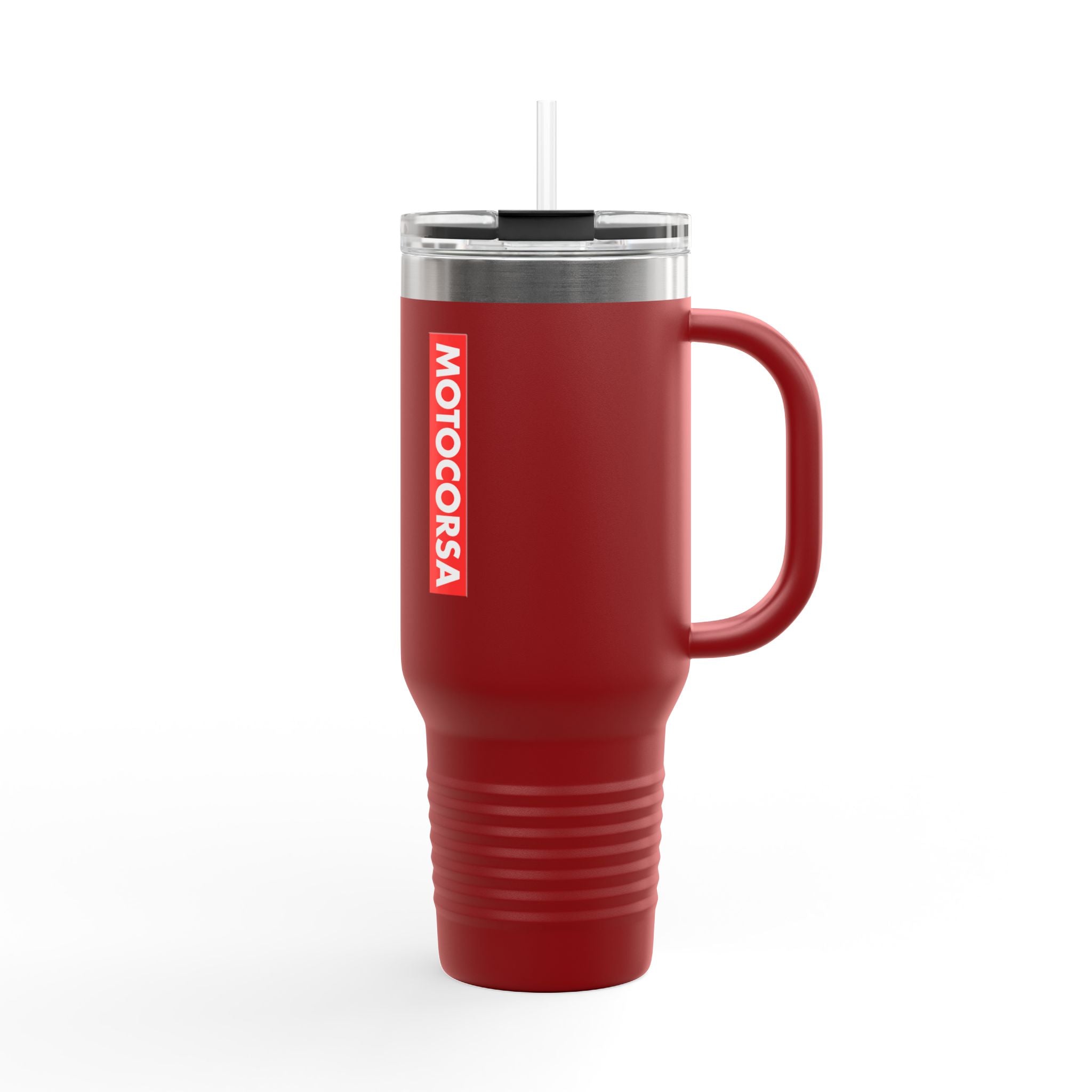 MotoCorsa 40oz Insulated Travel Mug — Red Vacuum Tumbler with Straw & Handle