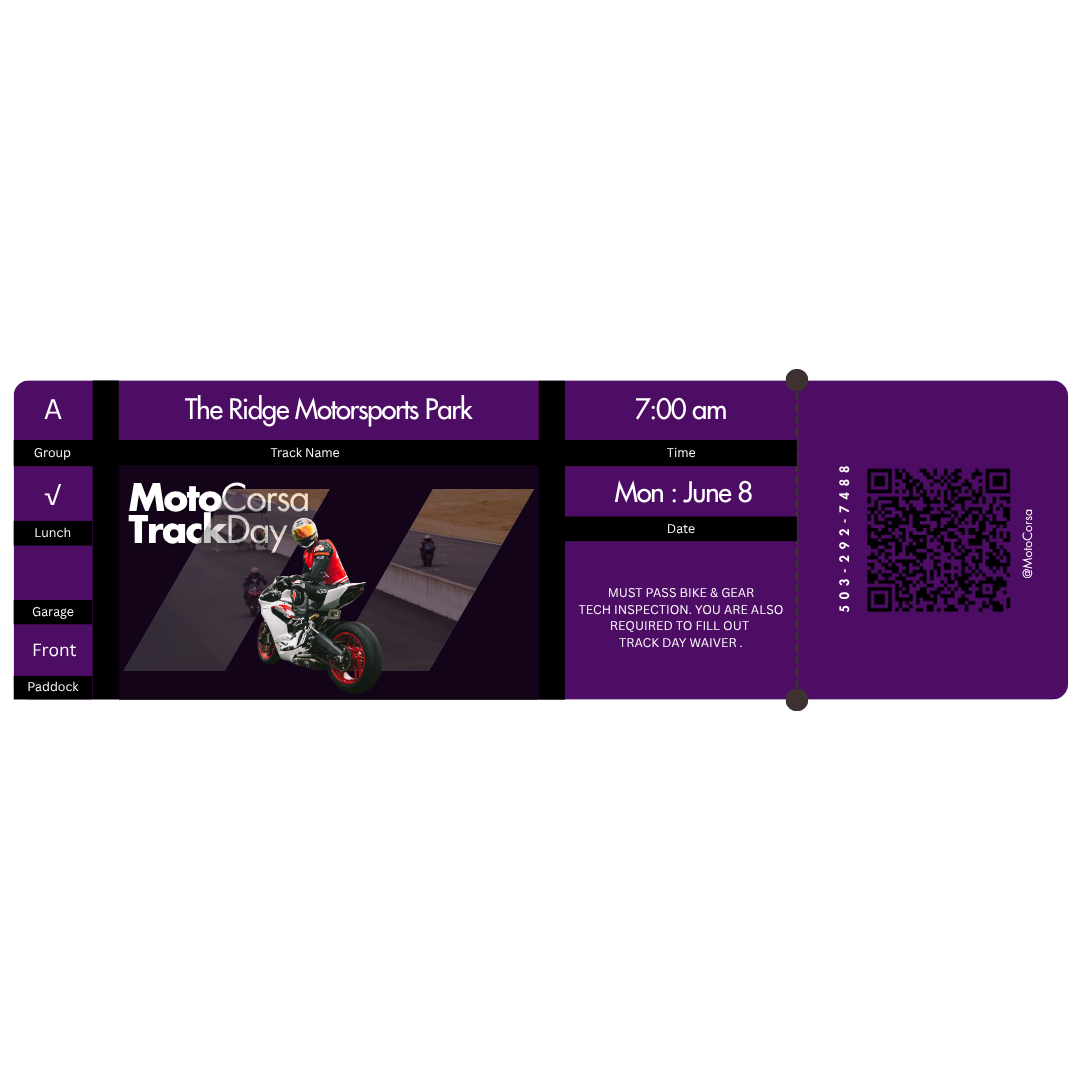 Track Day :  June 8 2026 : The Ridge Motorsports Park : 1-day Pass