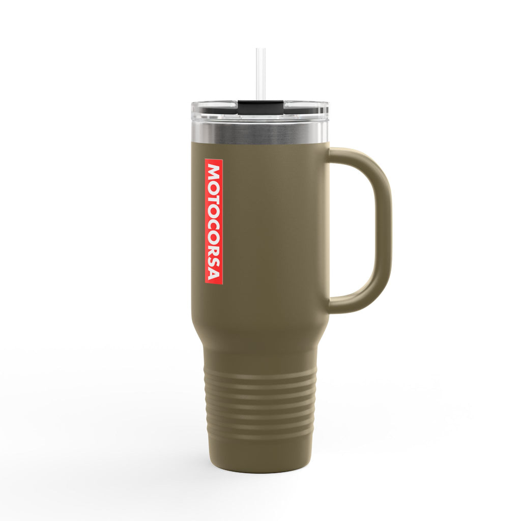 MotoCorsa 40oz Insulated Travel Mug — Red Vacuum Tumbler with Straw & Handle
